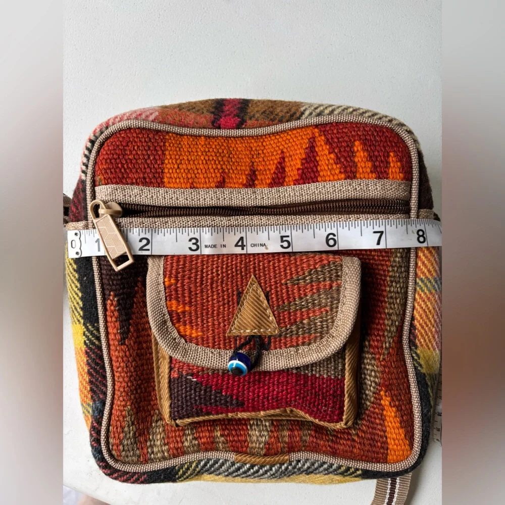 Unique Turkish Kilim Cross-Body Bag Colorful Geometric Pattern & Evil Eye Bead